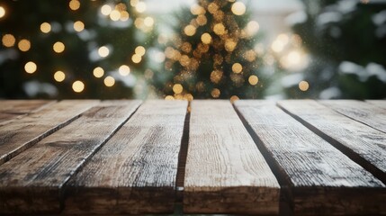 Wall Mural - Empty wooden table with christmas theme in background