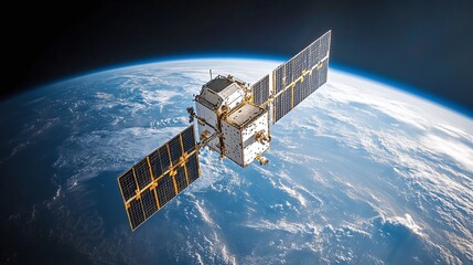 a satellite in orbit around earth, transmitting gps signals for space exploration, global navigation
