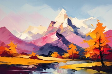 Sticker - Autumn mountain painting landscape outdoors.