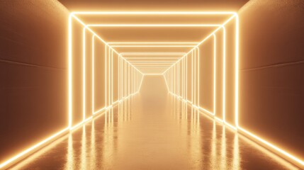 light in the tunnel, 3D rendering golden light tunnel with futuristic white neon lights, mall pop-up store photo wall background, minimal style.