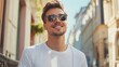© Khalil - Portrait of handsome smiling stylish hipster lambersexual model.Man dressed in white T-shirt. Fashion male posing on the street background in sunglasses outdoors