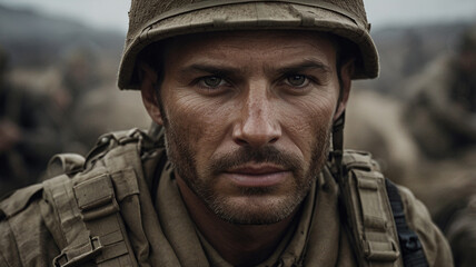 Wall Mural - A close-up portrait of a soldier, with fear, pride, and determination in his eyes as he faces the war