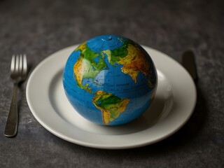 Earth globe on a plate with cutlery, symbolizing climate change.