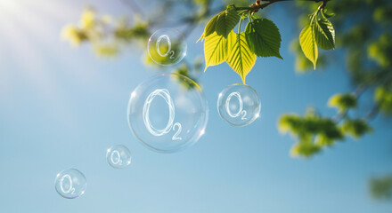 Wall Mural - bubbles with oxygen labels floating among nature leaves under sunlight