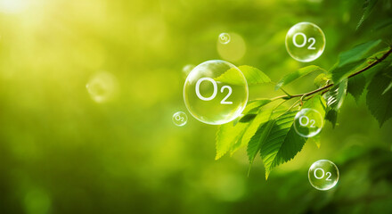 Wall Mural - leaves with oxygen bubbles glistening in sunlight over a green background