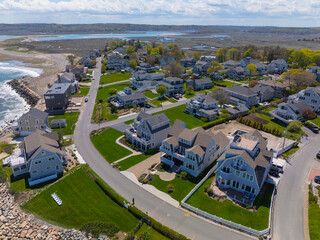 Wall Mural - Third Cliff village aerial view at the North River mouth to the Atlantic Ocean in town of Scituate, Massachusetts MA, USA. 