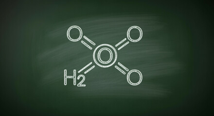 Water molecule diagram depicting H2O structure with chemical bonds visualized on a chalkboard background