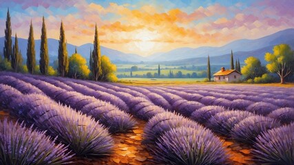 Beautiful purple lavender field at sunset. Painting effect.