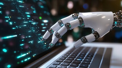 Robotic hand is typing on a keyboard with digital code showing on a background screen
