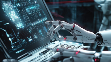 Futuristic heads up display is seen in the background as a robot hand types on a laptop keyboard