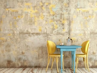 A rustic blue table with two yellow chairs set against a worn concrete wall. A coffee pot and cup are on the table, inviting you to relax and enjoy a moment of peace.