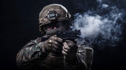 A soldier in camouflage gear fires a handgun, smoke billowing from the muzzle.