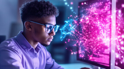Focused programmer analyzing data visualization on monitor with vibrant neon colors