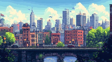 cartoon pixel art cityscape game background.generative ai