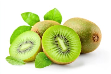 Wall Mural - Tropical Kiwi Composition with Vibrant Leaves on White Background