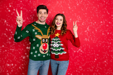 Sticker - Portrait of cheerful two hipsters make v-signs wear deer christmas tree design patterns pullover jumper isolated over red color background