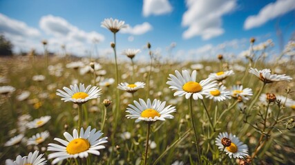 Canvas Print - Blurred background image of Flowering chamomile, Blooming chamomile field, Chamomile flowers on a meadow in summer