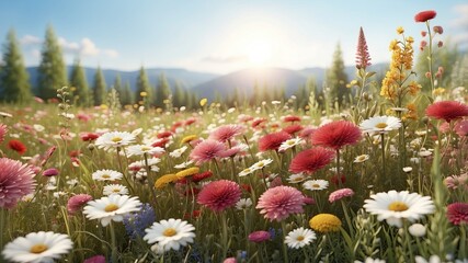 Wall Mural - Blurred background image of Flowering chamomile, Blooming chamomile field, Chamomile flowers on a meadow in summer