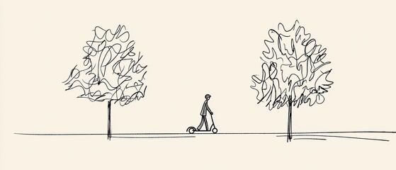 a simple line drawing of a person riding a scooter between two trees.