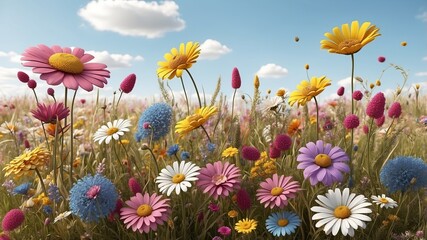 Poster - Blurred background image of Flowering chamomile, Blooming chamomile field, Chamomile flowers on a meadow in summer