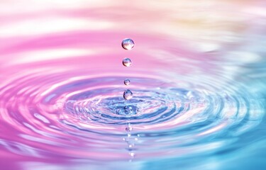 Poster - Droplets fall onto a water surface, creating ripples and reflecting vibrant pink and blue colors during a serene moment