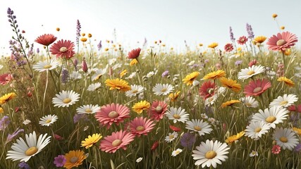 Canvas Print - Blurred background image of Flowering chamomile, Blooming chamomile field, Chamomile flowers on a meadow in summer