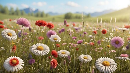 Canvas Print - Blurred background image of Flowering chamomile, Blooming chamomile field, Chamomile flowers on a meadow in summer