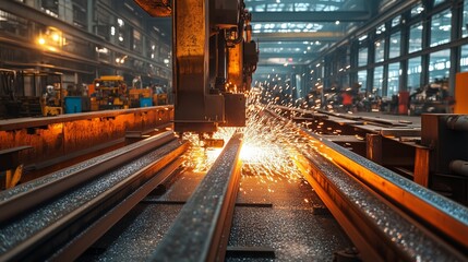 Sticker - Welding sparks fly in an industrial workshop as metal rails are being assembled under bright lights during the day