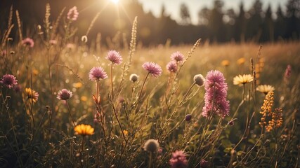 Canvas Print - Dandelions in the grass at sunset. Nature background. Green summer meadow in the evening. White dandelions in golden sunlight.