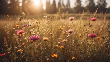 Canvas Print - Dandelions in the grass at sunset. Nature background. Green summer meadow in the evening. White dandelions in golden sunlight.