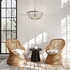 Bohemian style living room interior design with two rattan chairs, a coffee table, and a chandelier. Natural light floods the space.