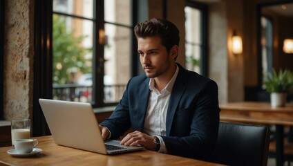 Wall Mural - Handsome businessman working on a laptop at a stylish café.