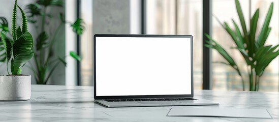 Wall Mural - High resolution, very detailed mockup of an open laptop with a blank white screen sitting on a modern office desk, with a bokeh background of a glass door and window with blurred green plants