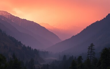 Poster - The vibrant colors of sunset transform the mountains and valleys, creating a peaceful atmosphere as twilight descends