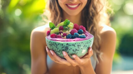 A cheerful healthy woman vegan holding a vibrant smoothie bowl, blurred background, with copy space