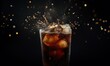 © Khmel - A refreshing glass of soda splashes ice against a dark backdrop