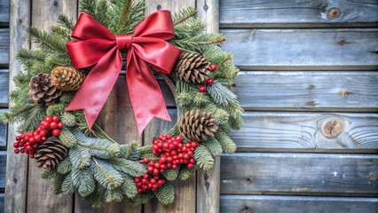 Wall Mural -  A close-up of a Christmas wreath with red berries, pine cones, and a large red bow, hanging on a rustic wooden door