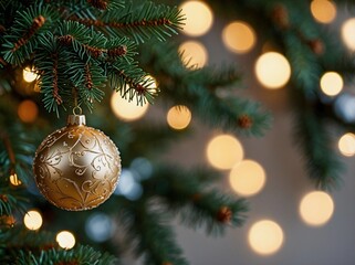 a christmas tree branch with a shimmering gold ornament and twinkling lights