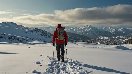 Sticker - Hiker with a map in a snowy landscape.