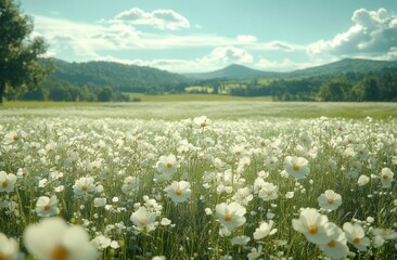 A field of white flowers in a mountain valley