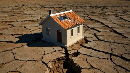 Wall Mural - House on cracked ground showing earth below.