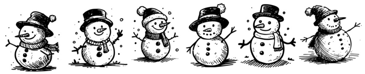 playful hand-drawn snowmen in various cheerful poses black vector illustration