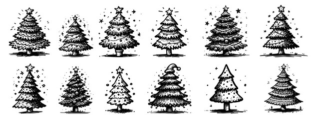 festive christmas tree illustrations in black vector hand-drawn style