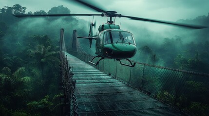 military helicopter landing on a bridge in the jungle during foggy weather, dramatic scene, aerial t