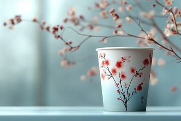 Wall Mural - A cup with cherry blossoms on it sits on a table