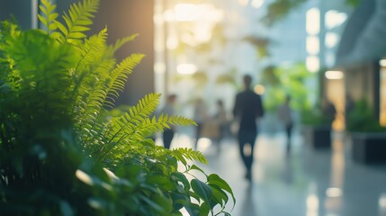 Close-up of lush green ferns in a modern office space with blurred professionals in the background, capturing the balance between nature and work