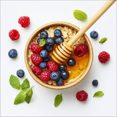 Canvas Print - A healthy bowl of oatmeal topped with fresh blueberries and raspberries is pictured. Honey drips from a wooden honey dipper. Perfect for breakfast or a wholesome snack. AI