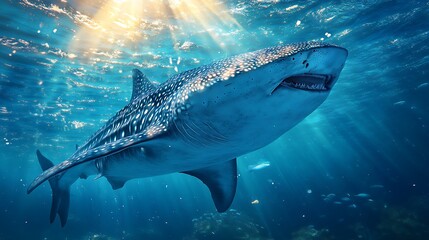 A large shark swims through clear blue water with sunlight shining down.