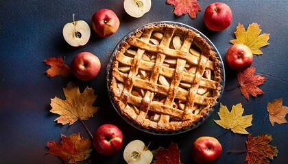 A delicious apple pie with a lattice crust, surrounded by vibrant autumn leaves and fresh apples