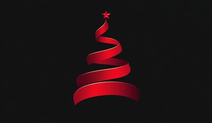 Wall Mural - A red ribbon twists elegantly to form a Christmas tree with a star at the peak, set against a dark backdrop